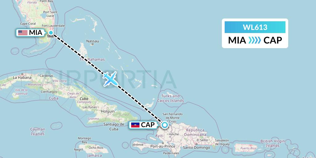 WL613 World Atlantic Airlines Flight Map: Miami to Cap-Haitien