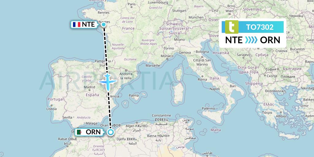 TO7302 Transavia France Flight Map: Nantes to Oran