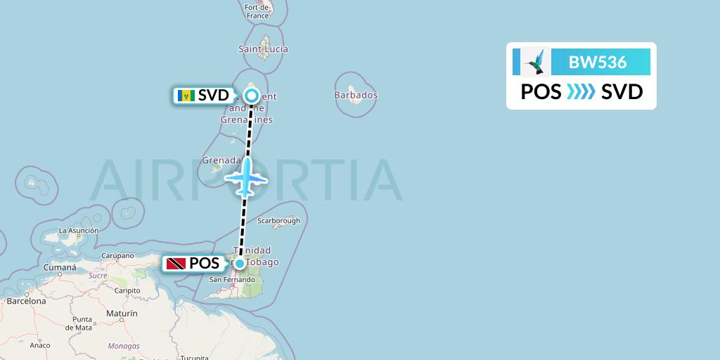 BW536 Caribbean Airlines Flight Map: Port of Spain to Kingstown