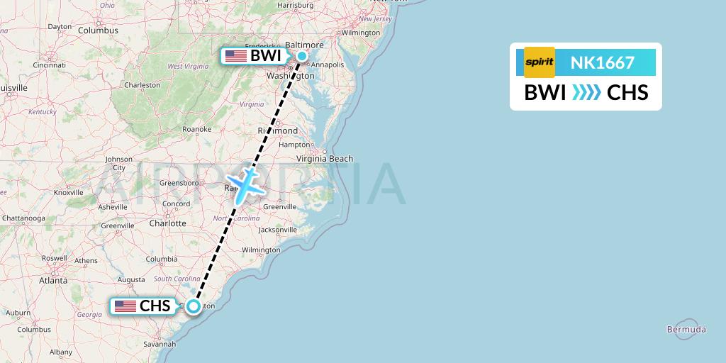NK1667 Spirit Airlines Flight Map: Baltimore to Charleston