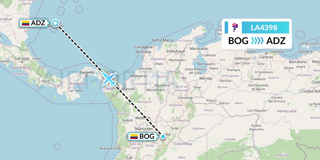 LA4398 LAN Airlines Flight Map: Bogota to San Andres Island