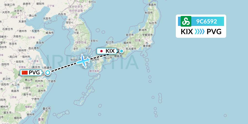 9C6592 Spring Airlines Flight Map: Osaka to Shanghai