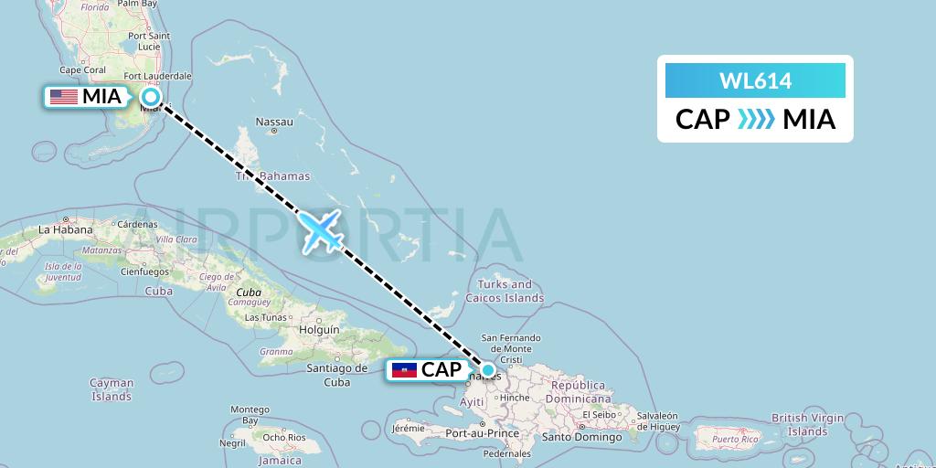 WL614 World Atlantic Airlines Flight Map: Cap-Haitien to Miami