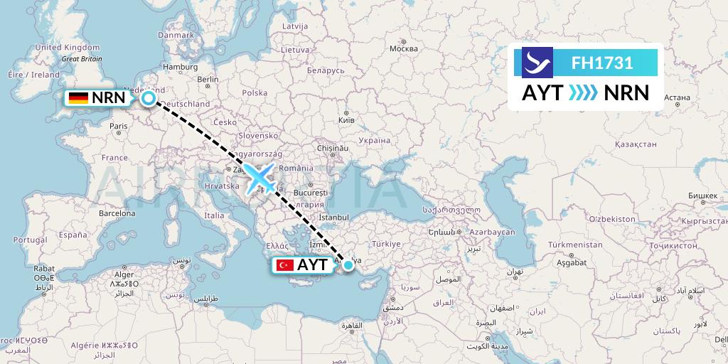 FH1731 Freebird Airlines Flight Map: Antalya to Weeze
