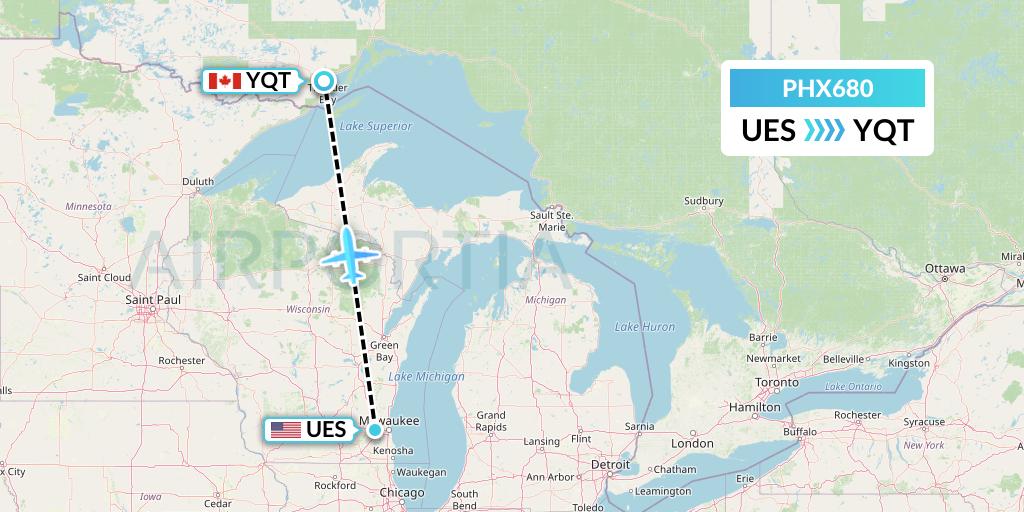 PHX680 SkyCare Flight Map: Waukesha to Thunder Bay