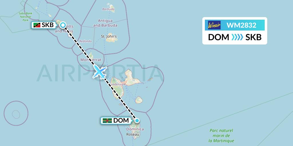 WM2832 Winair Flight Map: Dominica to Basseterre
