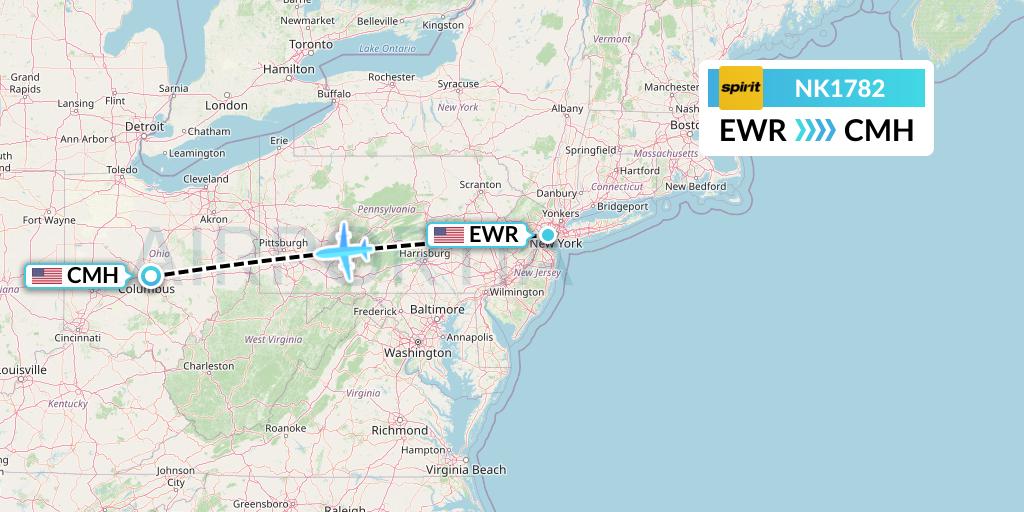 NK1782 Spirit Airlines Flight Map: New York to Columbus