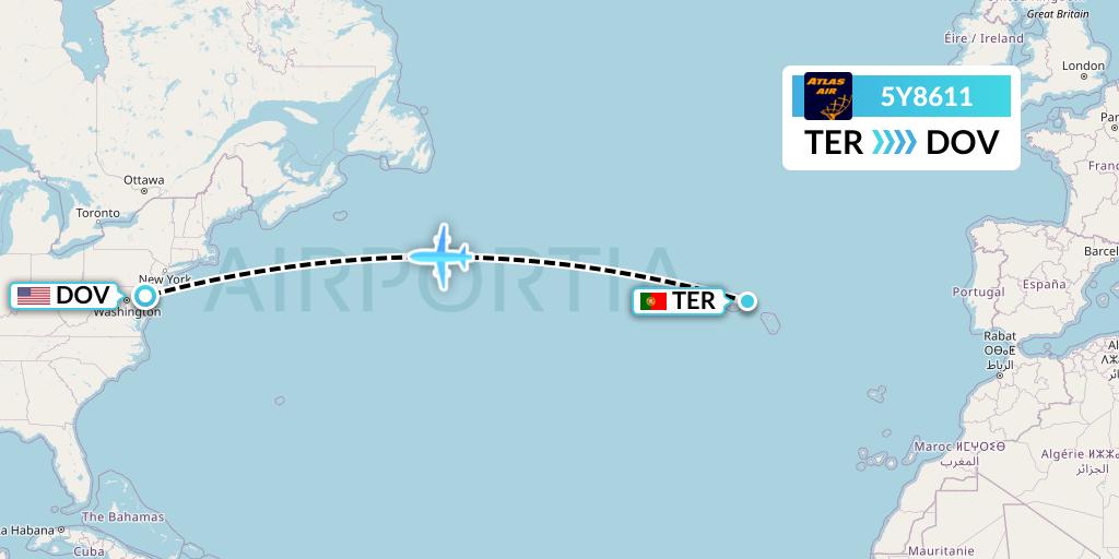 5Y8611 Atlas Air Flight Map: Lajes to Dover-Cheswold