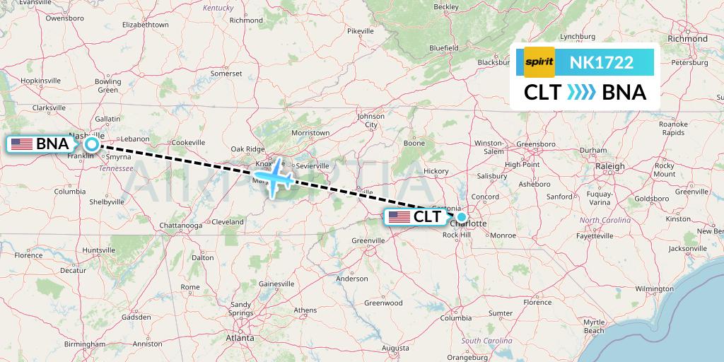 NK1722 Spirit Airlines Flight Map: Charlotte to Nashville