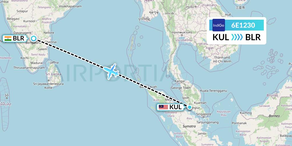 6E1230 IndiGo Airlines Flight Map: Kuala Lumpur to Bangalore