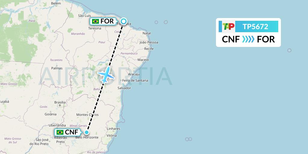 TP5672 TAP Portugal Flight Map: Belo Horizonte to Fortaleza