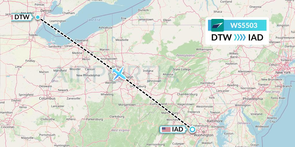 WS5503 WestJet Flight Map: Detroit to Washington