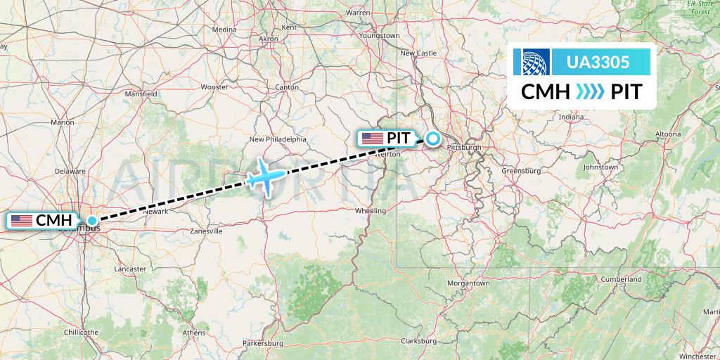 UA3305 United Airlines Flight Map: Columbus to Pittsburgh