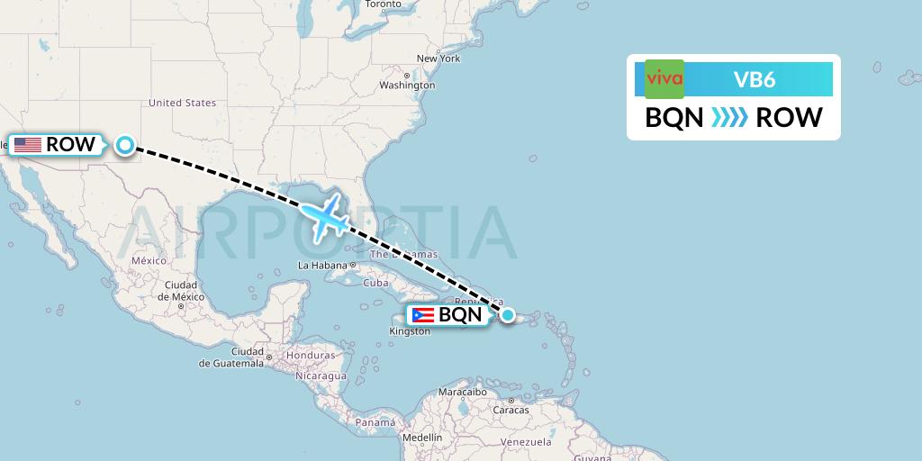 VB6 VivaAerobus Flight Map: Aguadilla to Roswell