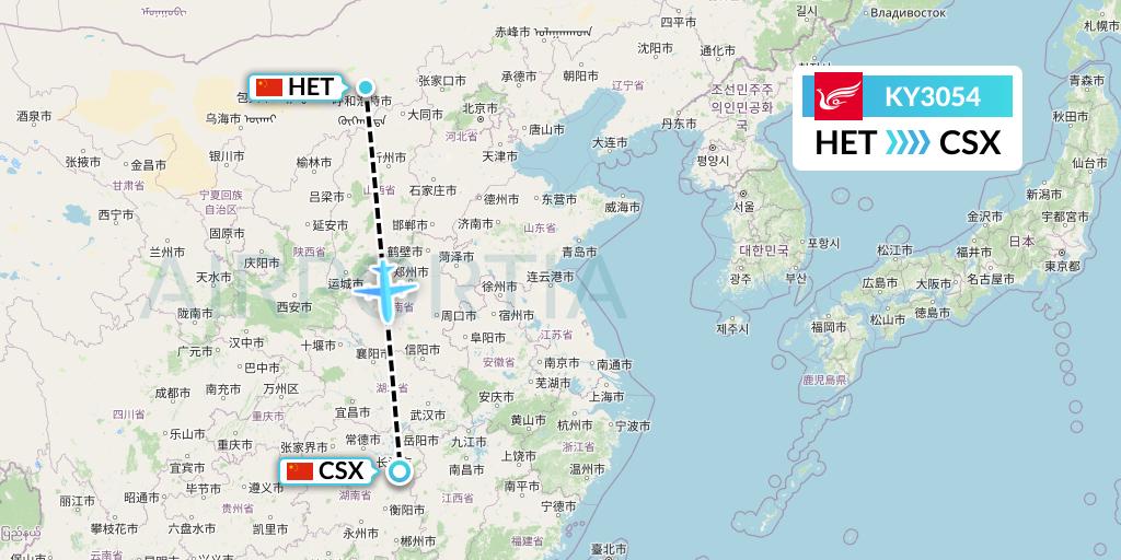 KY3054 Kunming Airlines Flight Map: Hohhot to Changsha