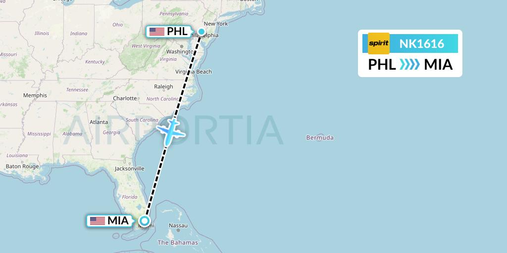 NK1616 Spirit Airlines Flight Map: Philadelphia to Miami
