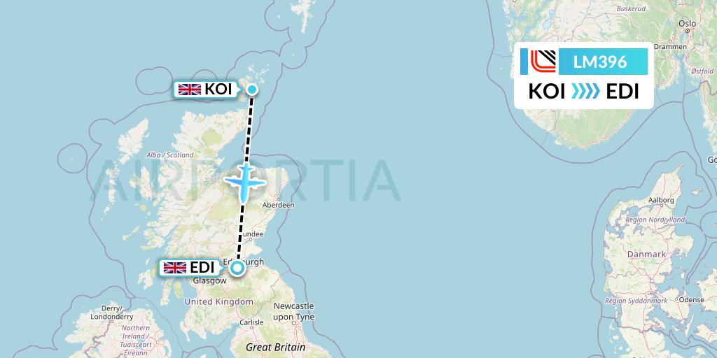 LM396 Loganair Flight Map: Kirkwall to Edinburgh