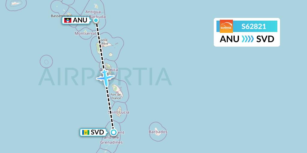 S62821 Sunrise Airways Flight Map: Antigua to Kingstown