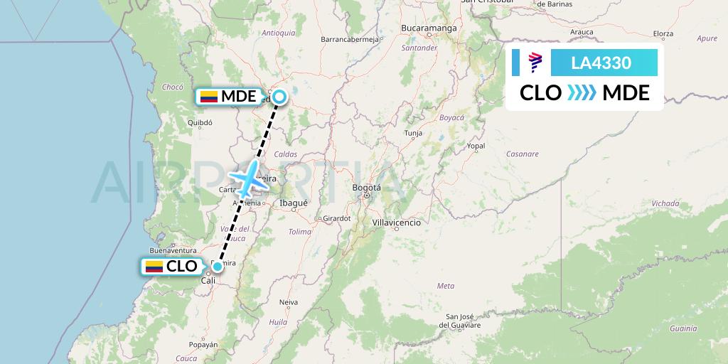 LA4330 LAN Airlines Flight Map: Cali to Medellin