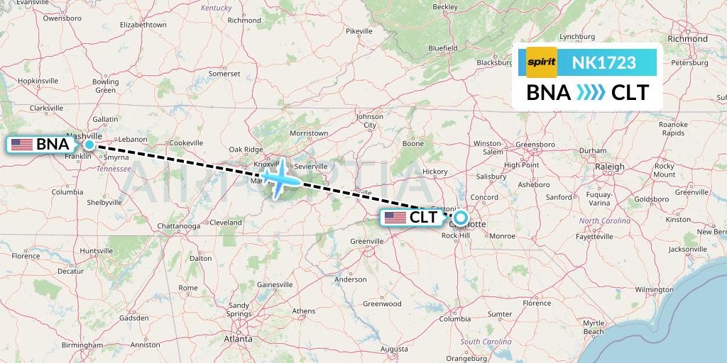 NK1723 Spirit Airlines Flight Map: Nashville to Charlotte