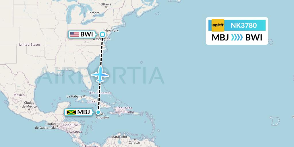 NK3780 Spirit Airlines Flight Map: Montego Bay to Baltimore