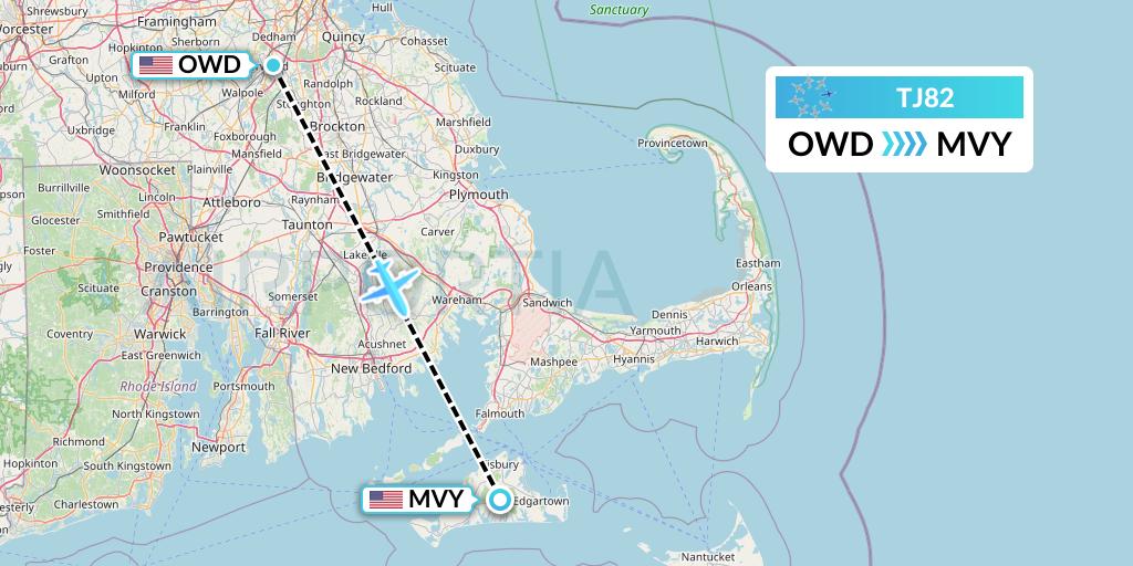 TJ82 Tradewind Aviation Flight Map: Norwood to Martha's Vineyard