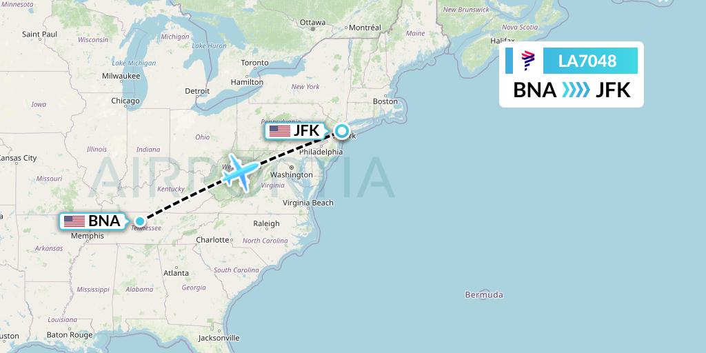 LA7048 LAN Airlines Flight Map: Nashville to New York