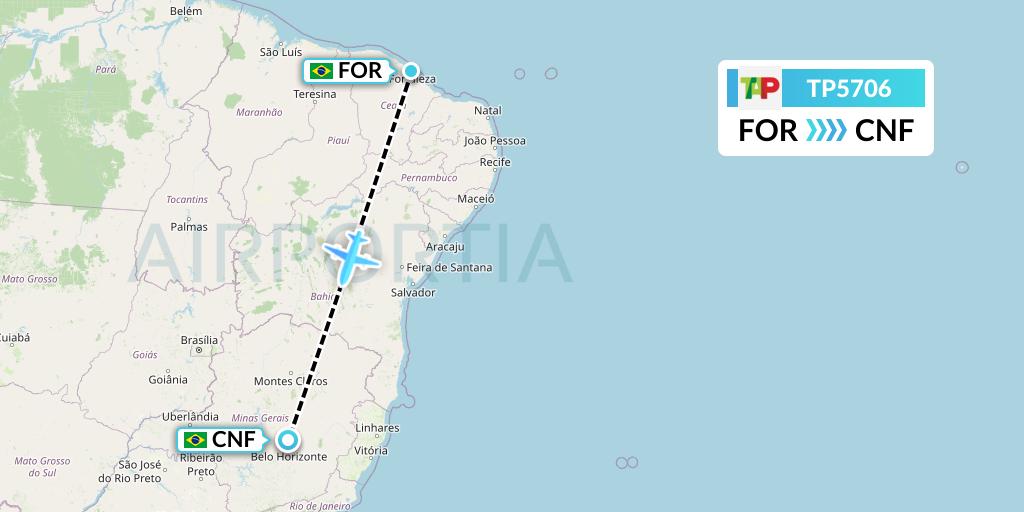 TP5706 TAP Portugal Flight Map: Fortaleza to Belo Horizonte