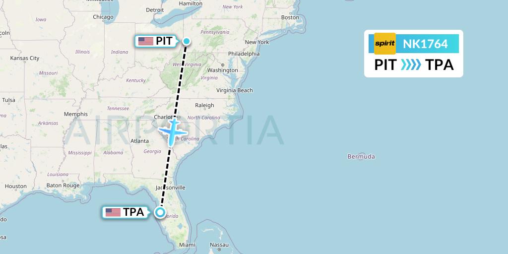 NK1764 Spirit Airlines Flight Map: Pittsburgh to Tampa