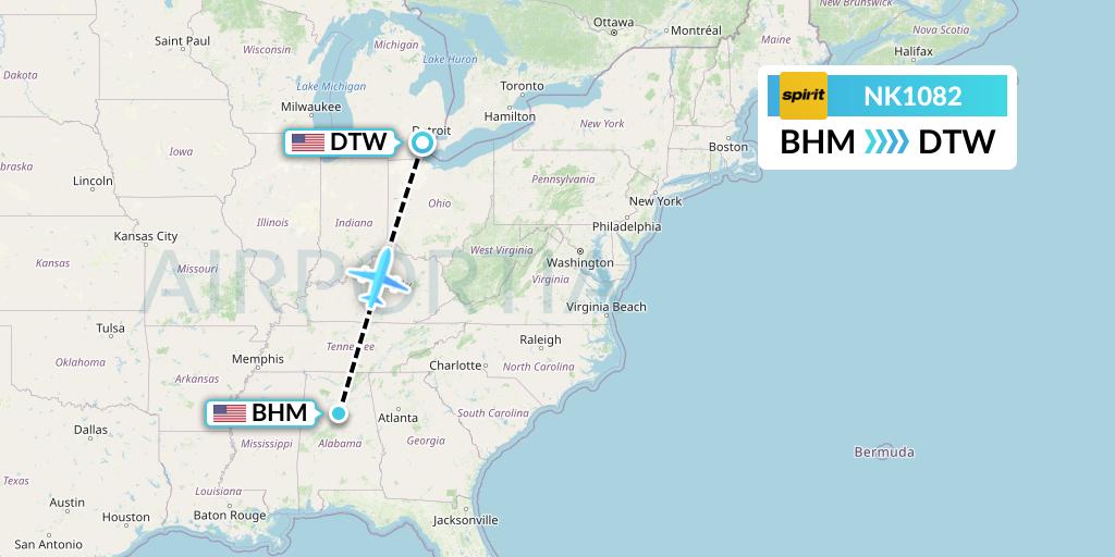 NK1082 Spirit Airlines Flight Map: Birmingham to Detroit