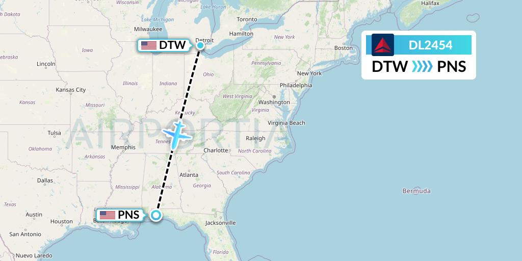 DL2454 Delta Air Lines Flight Map: Detroit to Pensacola