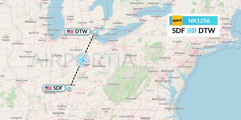 NK1256 Spirit Airlines Flight Map: Louisville to Detroit