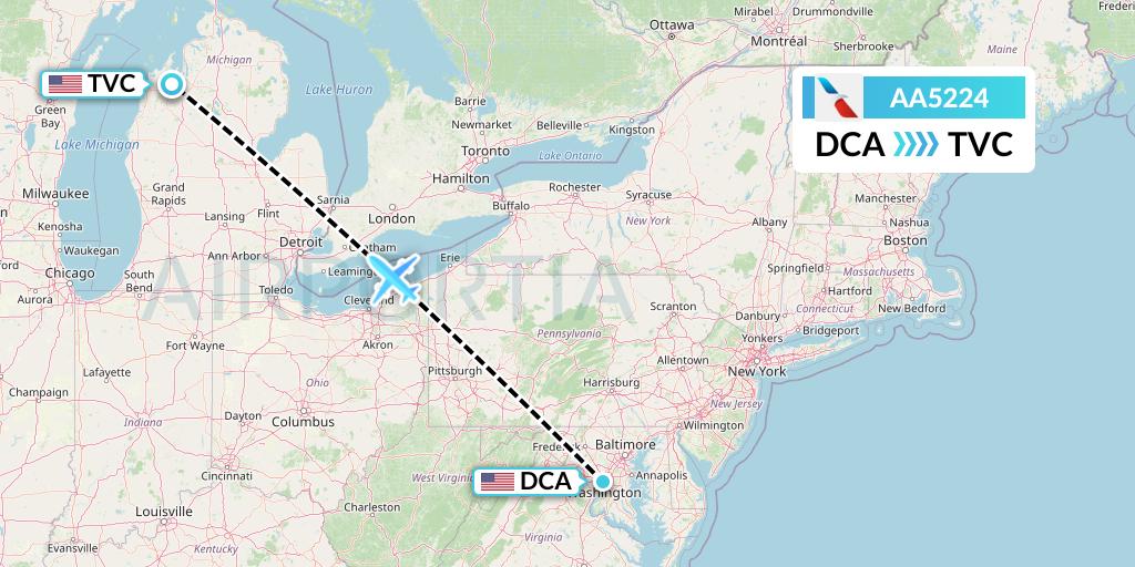 AA5224 American Airlines Flight Map: Washington to Traverse City