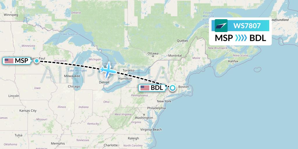 WS7807 WestJet Flight Map: Minneapolis to Windsor Locks