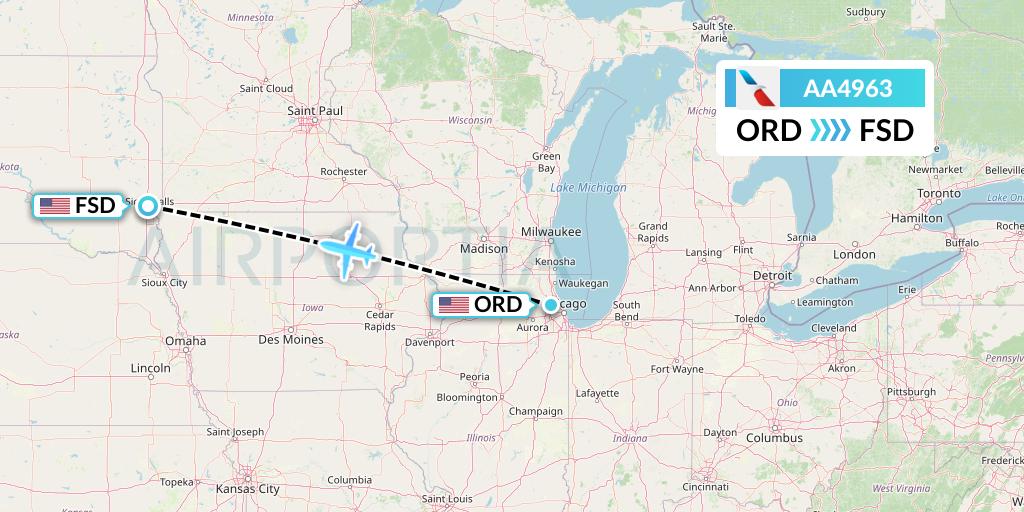 AA4963 American Airlines Flight Map: Chicago to Sioux Falls