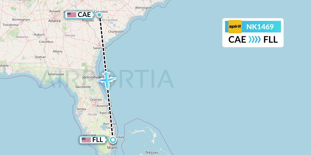 NK1469 Spirit Airlines Flight Map: Columbia to Fort Lauderdale