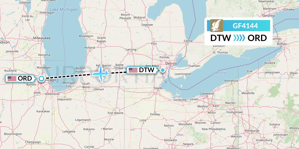 GF4144 Gulf Air Flight Map: Detroit to Chicago