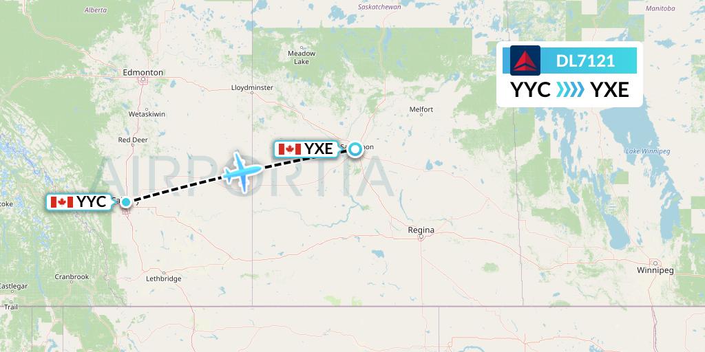 DL7121 Delta Air Lines Flight Map: Calgary to Saskatoon