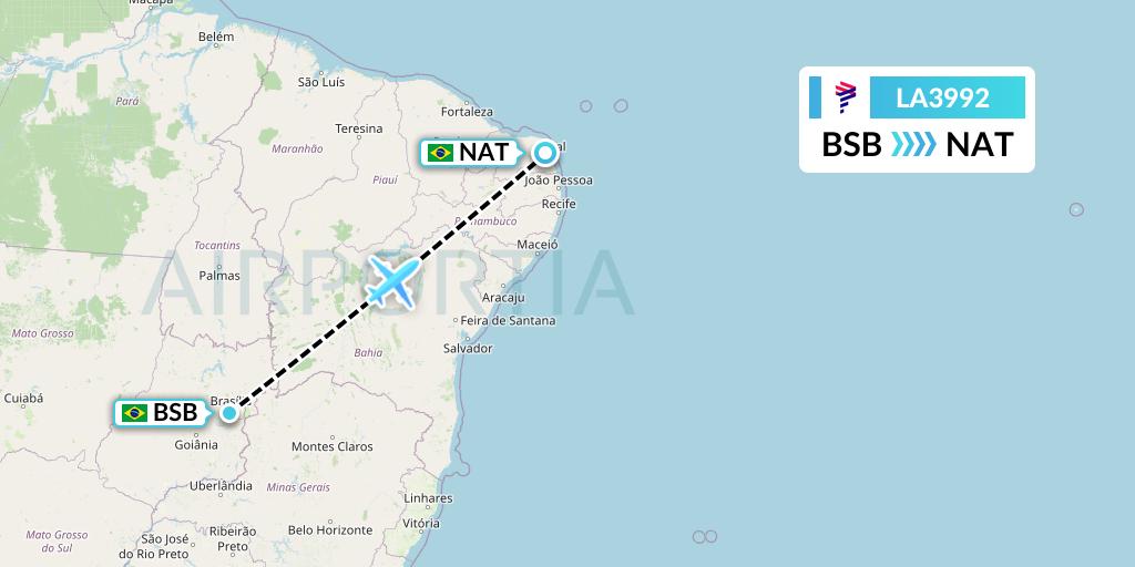 LA3992 LAN Airlines Flight Map: Brasilia to Natal