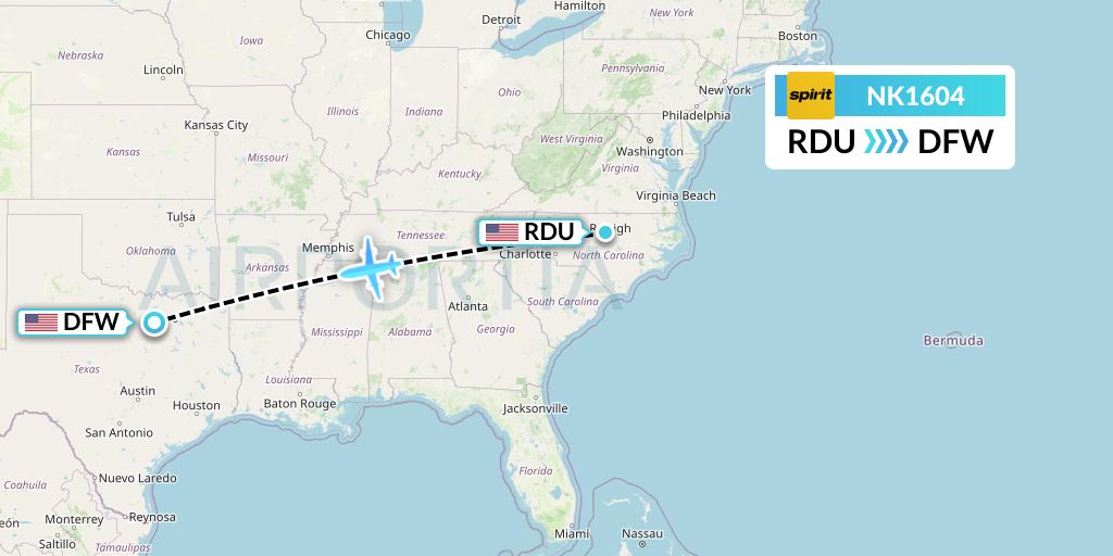 NK1604 Spirit Airlines Flight Map: Raleigh-Durham to Dallas