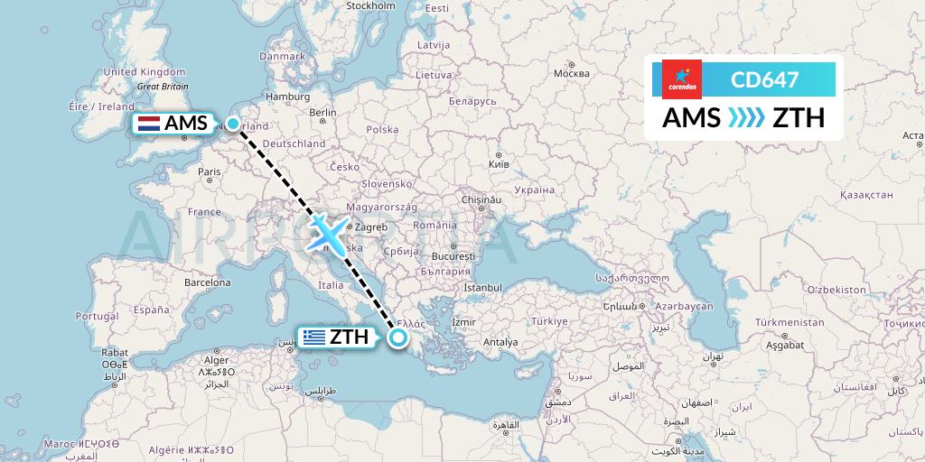 CD647 Dutch Corendon Airlines Flight Map: Amsterdam to Zakynthos