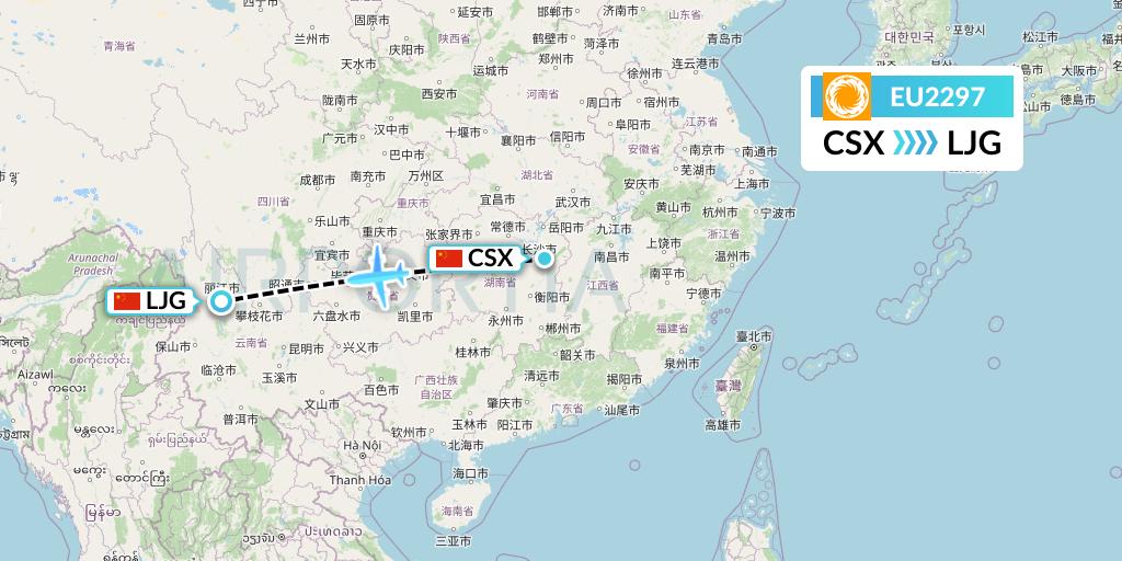 EU2297 Chengdu Airlines Flight Map: Changsha to Lijiang