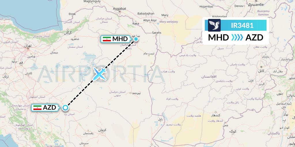 IR3481 Iran Air Flight Map: Mashhad to Yazd