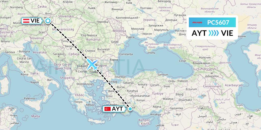 PC5607 Pegasus Airlines Flight Map: Antalya to Vienna