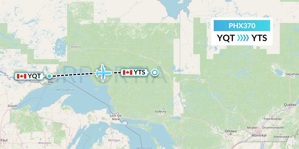 PHX370 SkyCare Flight Map: Thunder Bay to Timmins