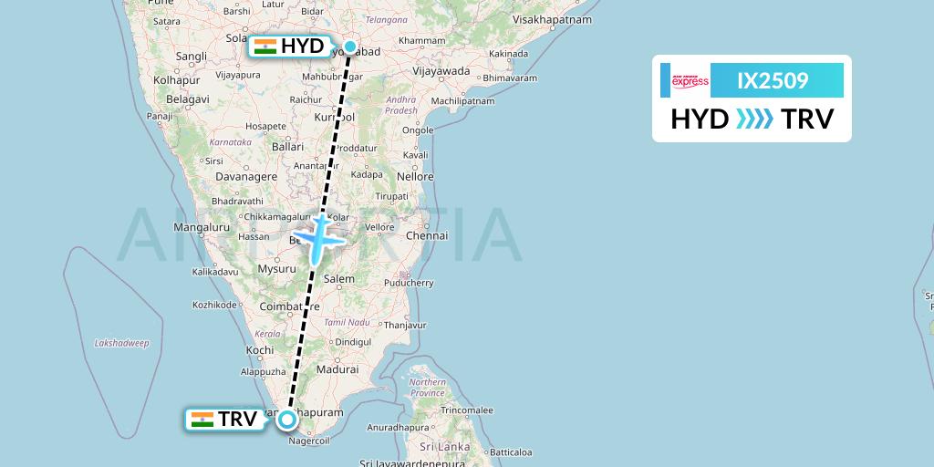 IX2509 Air India Express Flight Map: Hyderabad to Thiruvananthapuram