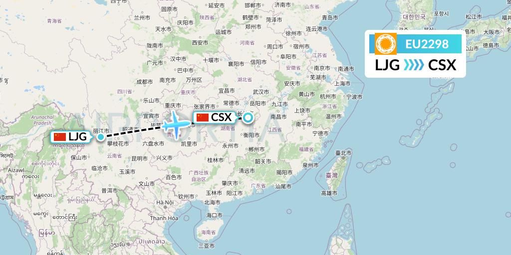 EU2298 Chengdu Airlines Flight Map: Lijiang to Changsha