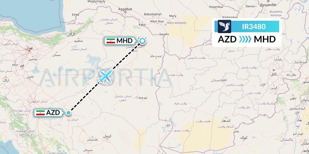 IR3480 Iran Air Flight Map: Yazd to Mashhad