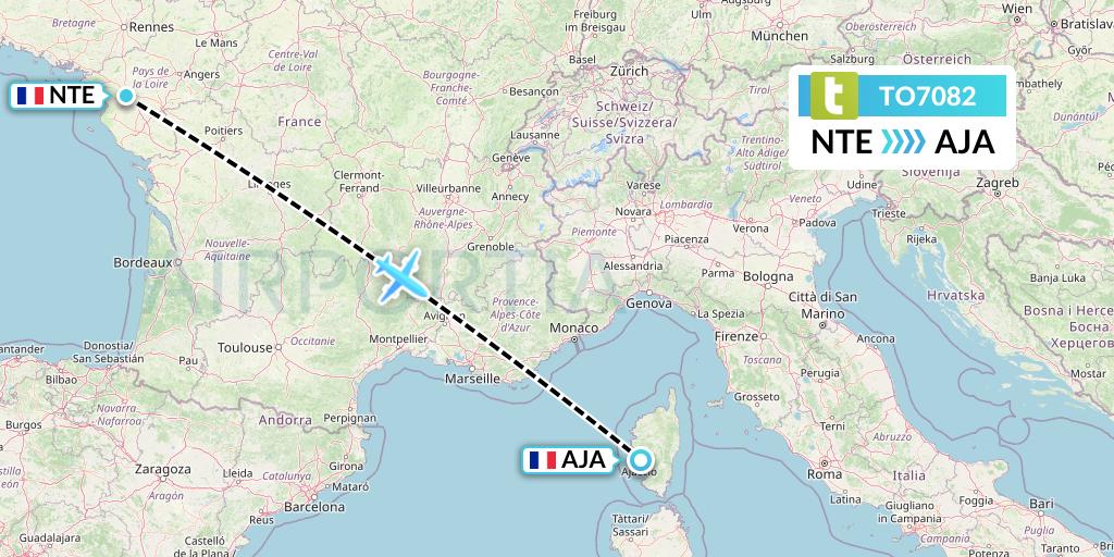 TO7082 Transavia France Flight Map: Nantes to Ajaccio