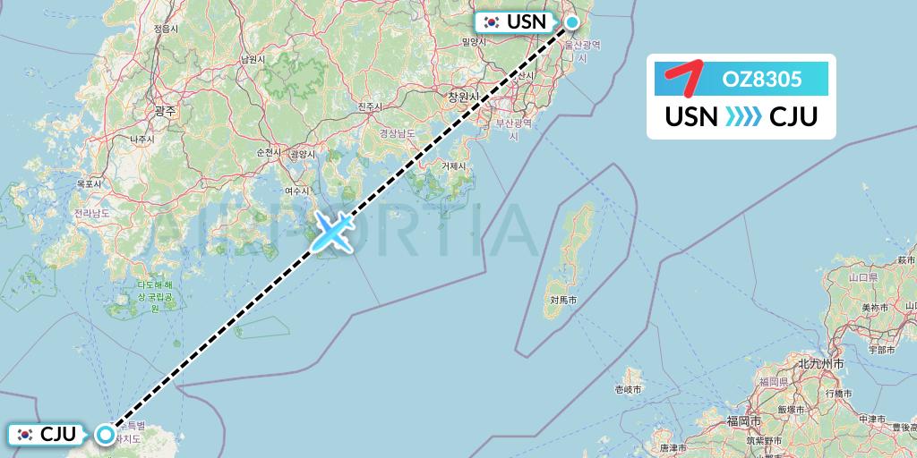 OZ8305 Asiana Airlines Flight Map: Ulsan to Jeju